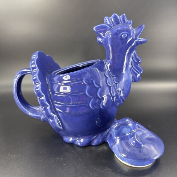 RED WING Pottery Cobalt Blue Hen Chicken Teapot Carafe USA Made Ceramic Vintage - Picture 14 of 16